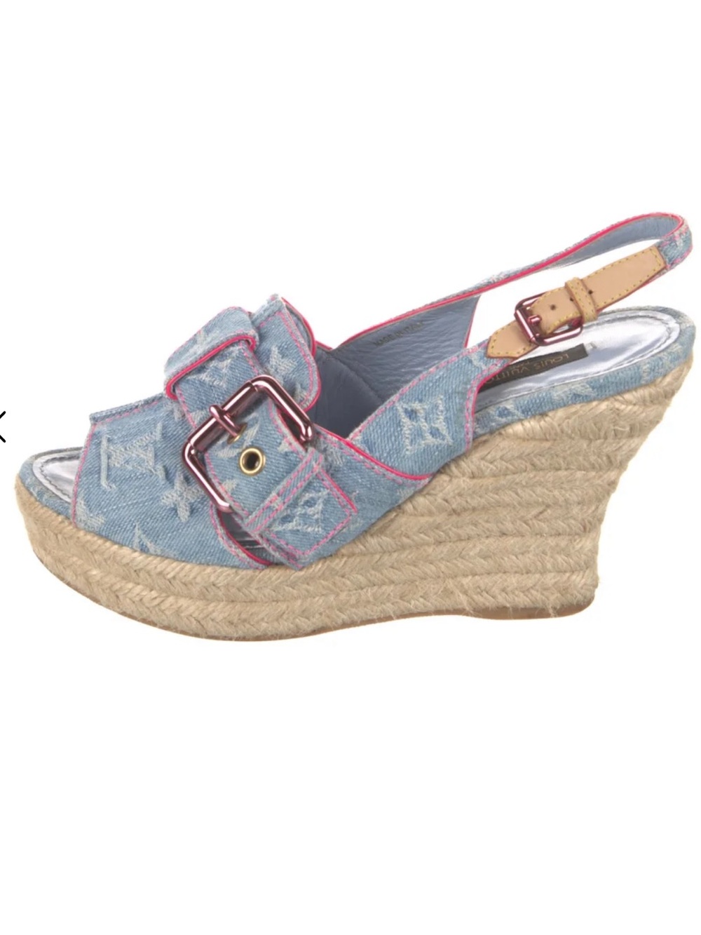 Louis Vuitton Denim Blue Monogram Wedge Espadrilles with Pink Trim